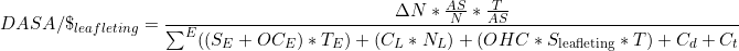 \[DASA/\$_{leafleting} = \frac{\Delta N * \frac{AS}{N} * \frac{T}{AS}}{\sum^E((S_E + OC_E) * T_E) + (C_L * N_L) + (OHC * S_{\text{leafleting}} * T) + C_d + C_t}\]