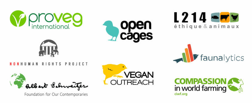Logos for 2017 Standout Charities: Proveg, Open Cages, L214, Nonhuman Rights Project, Vegan Outreach, Compassion in World Farming USA, Faunalytics, and The Albert Schweitzer Foundation