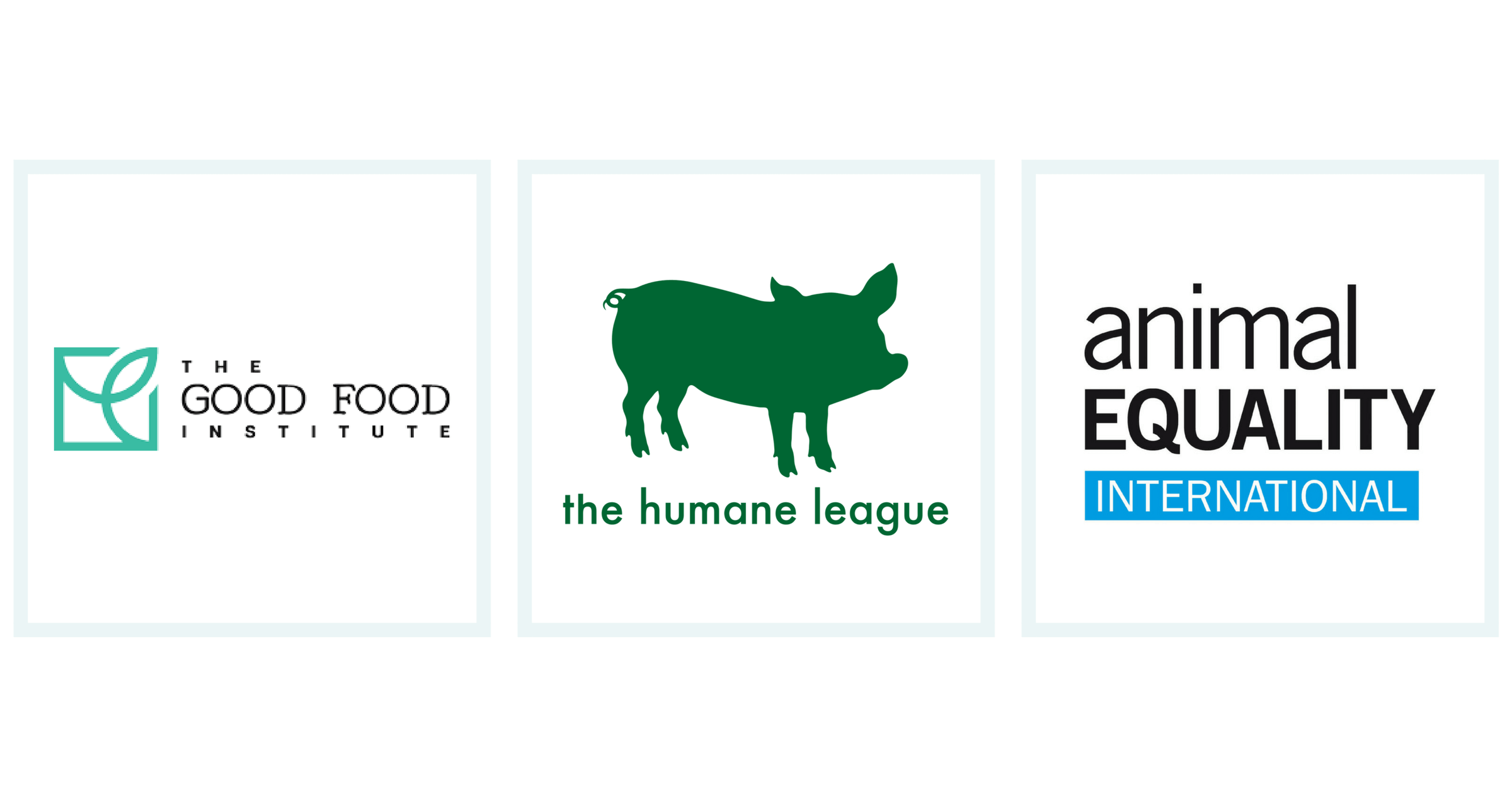 Logos for The Good Food Institute, The Humane League, and Animal Equality